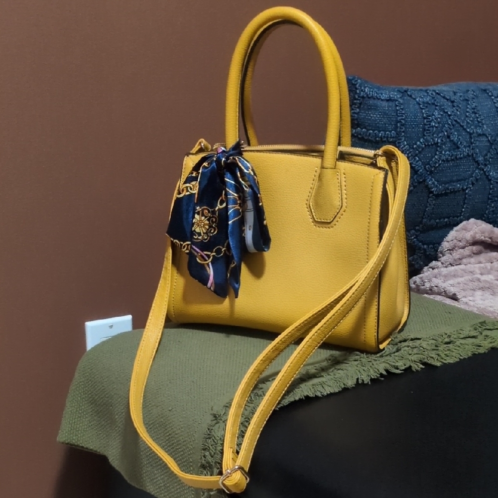 Aldo Yellow Satchel with Navy Scarf Accent